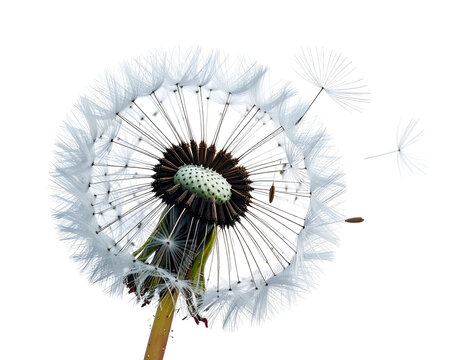 Close-up of a dandelion seed head, some seeds floating away against black background