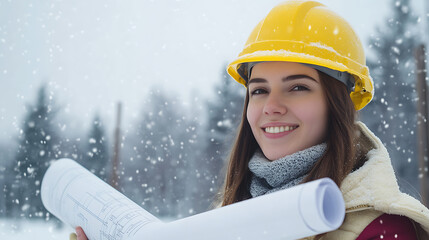 Female engineer with yellow hard hat, holding blueprints and smiling in a snowy outdoor setting. She's surrounded by a snowy winter landscape. Construction project inspection.