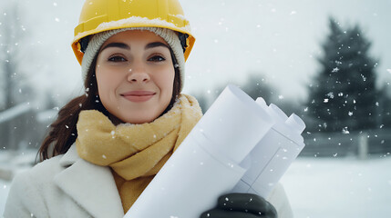 A smiling engineer in a yellow hard hat braves the winter snow with blueprints, ready to bring her vision to life in the frosty landscape, ensuring safety and efficiency.