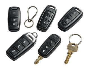 Assorted black car remote key fobs, along with a simple key, on a dark background
