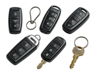 Assorted black car remote key fobs, along with a simple key, on a dark background