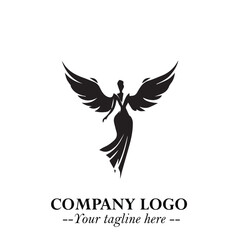 Elegant Black Angel Woman Silhouette Logo Symbol on White Background