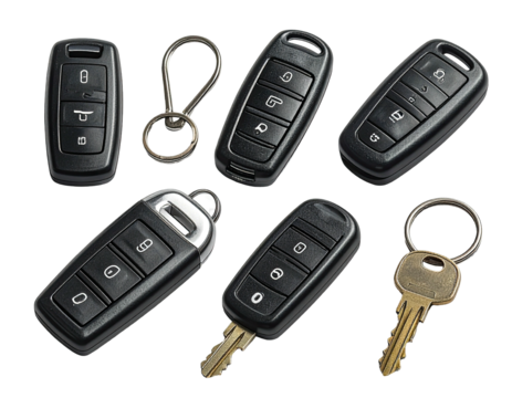 Assorted black car remote key fobs, along with a simple key, on a dark background