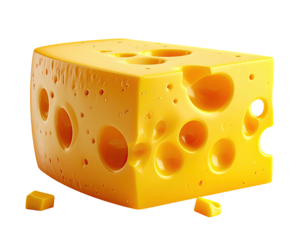 A vibrant, close-up shot of a cheesy, Swiss-style wedge with distinctive holes, isolated
