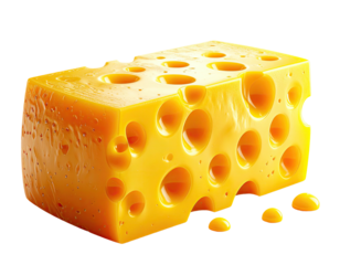 A close-up view of a rectangular, yellow block of Swiss-type cheese, with holes and droplet