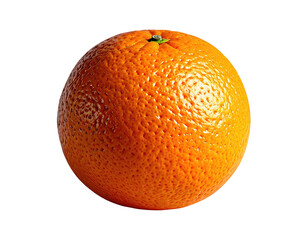 Vivid, isolated close-up of a perfectly round, textured orange fruit with green stem