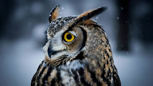 Owl turning head in snowy forest. Bird of prey camouflaged in a winter scene. Wildlife nature video for seasonal footage.