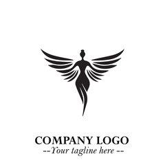 Elegant Black Angel Woman Silhouette Logo Symbol on White Background