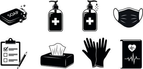 Collection of Black and White Icons Related to Health and Hygiene Keywords: health, hygiene, icons, medical, healthcare, safety, protection, prevention, soap, hand on transparent background