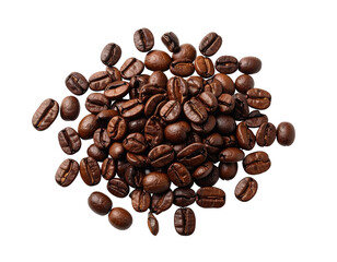 A close-up, top-down view of roasted coffee beans scattered on a solid black background