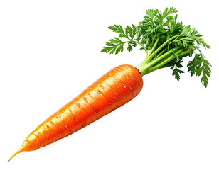 A vibrant, fresh, whole orange carrot with green leafy top on a transparent background
