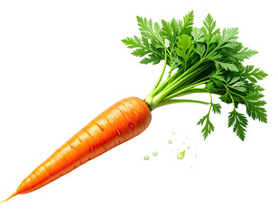 Close-up of a vibrant orange root vegetable with its leafy green top, isolated on black