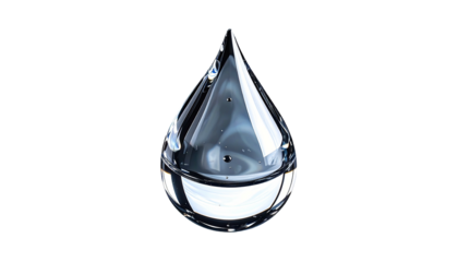 A photorealistic, isolated water droplet against a solid black backdrop. It's glossy and clear