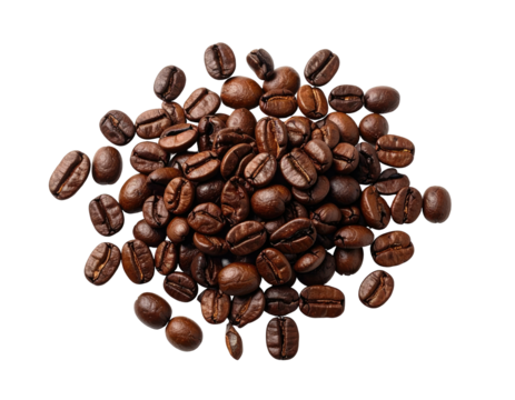 A close-up, top-down view of roasted coffee beans scattered on a solid black background