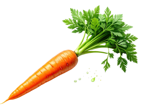 Close-up of a vibrant orange root vegetable with its leafy green top, isolated on black