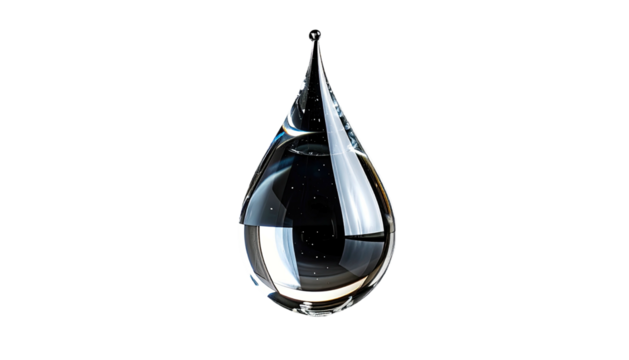Close-up of a perfectly formed, transparent water droplet suspended against a stark black background