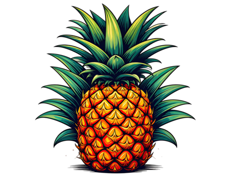 Digitally illustrated pineapple with crown of green leaves, set against a black background