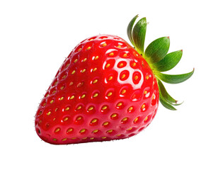Close-up studio shot of a vibrant, ripe strawberry with green leaves. Isolated on black