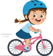 Cute cartoon girl riding pink bicycle wearing safety helmet, happy child cycling illustration for kids education, outdoor activity and playful design