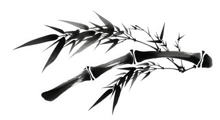 Traditional Oriental Brush Painting of Bamboo Stalks and Leaves