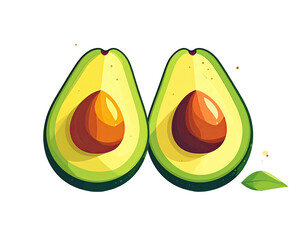 A cartoon illustration of two avocado halves with seeds, and a single leaf on a black background
