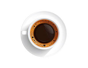 A top-down view of a white ceramic coffee cup filled with dark coffee, on a saucer