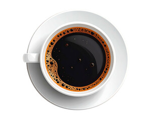 Overhead view of a white ceramic coffee cup filled with dark, frothy coffee, on a saucer