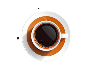 Overhead view of a coffee cup with dark coffee, white saucer, and a brown background
