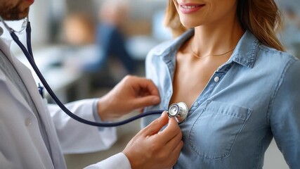 Medical Checkup: A close-up shot of a patient receiving a medical checkup, with a medical professional using a stethoscope to listen to the patient's heartbeat. - Powered by Adobe