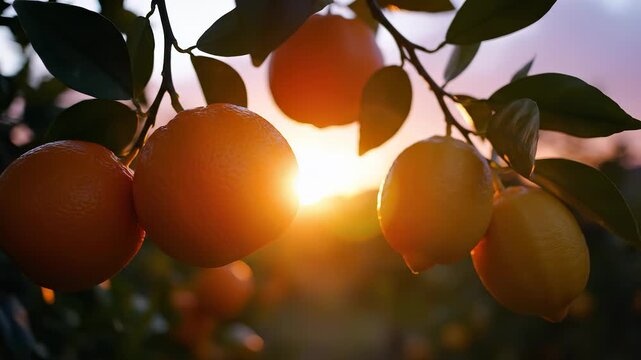 Bright oranges and lemons hang from lush green branches as the sun sets in the background. The oranges shine with vivid color while the lemons complement the fresh fruit display.