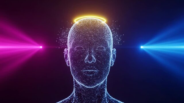 Digital human head with a glowing halo and energy beams