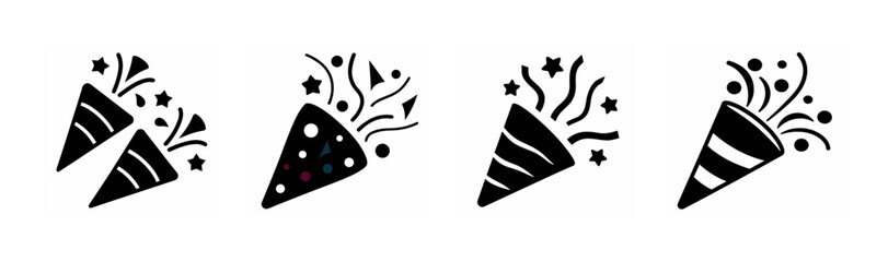 Set of party popper icons with confetti and stars for celebration design