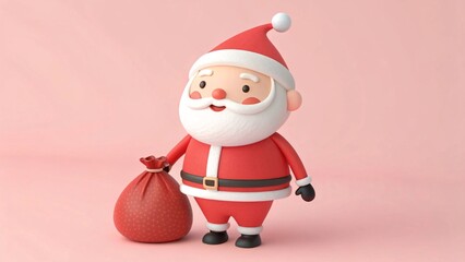 Charming Cartoon Santa Claus Character Holding a Red Gift Sack Ready for Holiday Celebrations and Festive Winter Season Fun