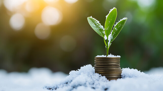 A young plant emerges from a stack of golden coins, covered in fresh snow. Symbolizes growth, investment, and resilience in challenging times, hope for a bright future.