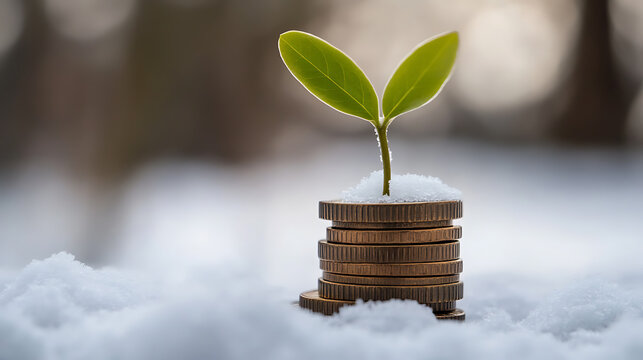 The photo shows a seedling growing from a stack of coins in the snow. It symbolizes growth, new beginnings, investment, and the potential for financial success, even in challenging times.
