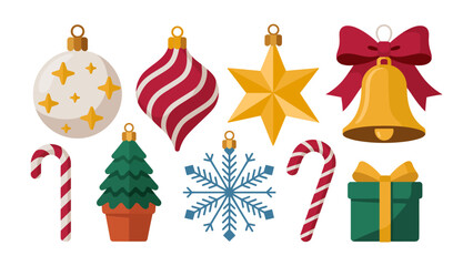 Festive Decorations: An array of charming Christmas ornaments, including baubles, a star, a bell, candy canes, a Christmas tree, a snowflake, and a gift, is arranged to evoke holiday cheer.