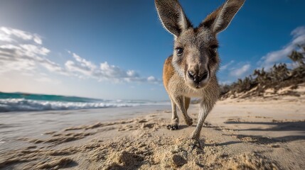 Wide-angle rear view of kangaroo hopping toward the shoreline in an expansive Australian landscape
