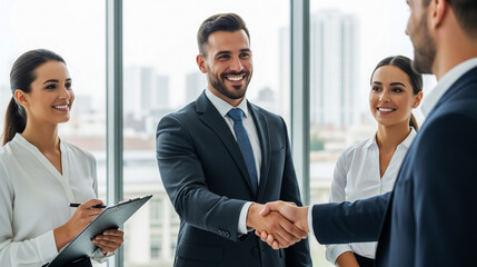 Businessmen shaking hands in a modern office with colleagues observing
