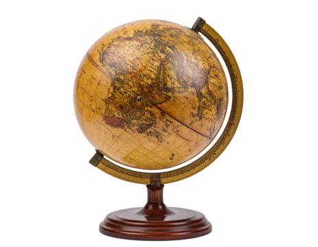  Vintage Decorative World Globe with Warm Tones, Three-Quarter Angle, Transparent Background - Powered by Adobe