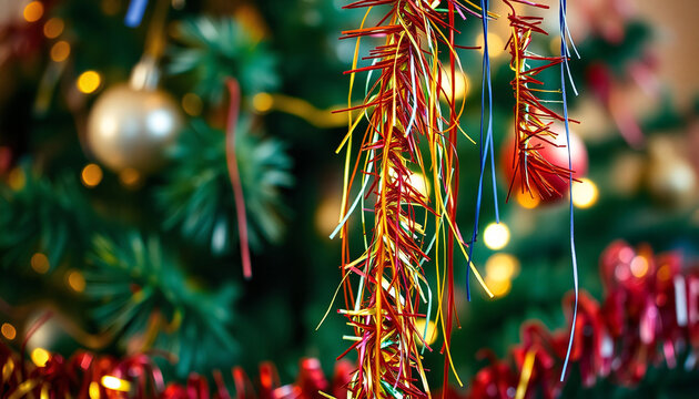 Festive Decorations: Close-Up of Colorful Tinsel on a Christmas Tree