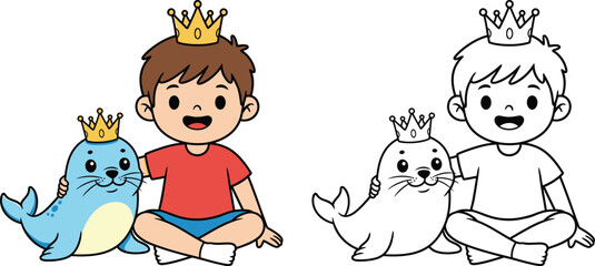 Cute Prince Boy and Baby Seal with Crowns Royal Friendship Vector Illustration
