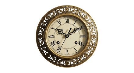 Ornate antique golden clock with roman numerals showing time isolated on transparent background