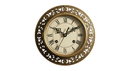 Ornate antique golden clock with roman numerals showing time isolated on transparent background