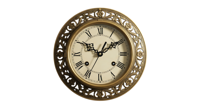 Ornate antique golden clock with roman numerals showing time isolated on transparent background