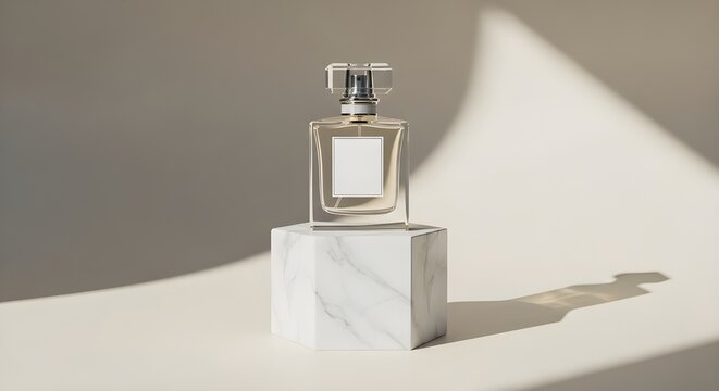 elegant perfume bottle marble stand sunlight shadow