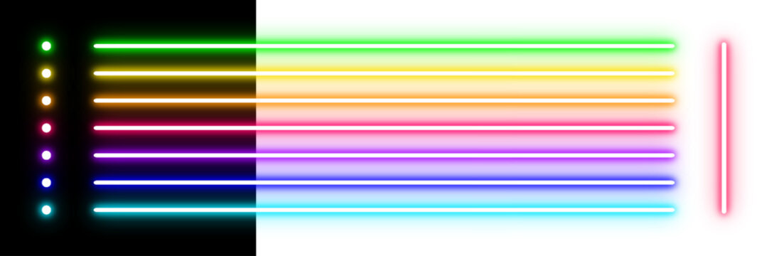 Neon multicolor glowing horizontal lines with circular icons vector design for vibrant modern digital art and technology visuals