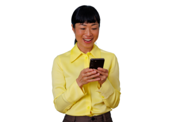 Asian woman using smartphone, smiling and engaging with mobile technology for communication and social network messaging