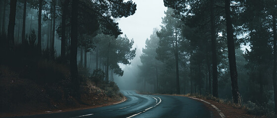 Mysterious foggy road curving through dense forest nature scene landscape photography serene environment low angle view