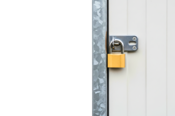 Golden padlock locking a metal self-storage unit door shut on a transparent background
