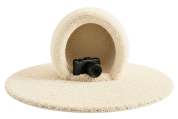 Black digital camera sitting inside a fluffy beige cat bed on a transparent background